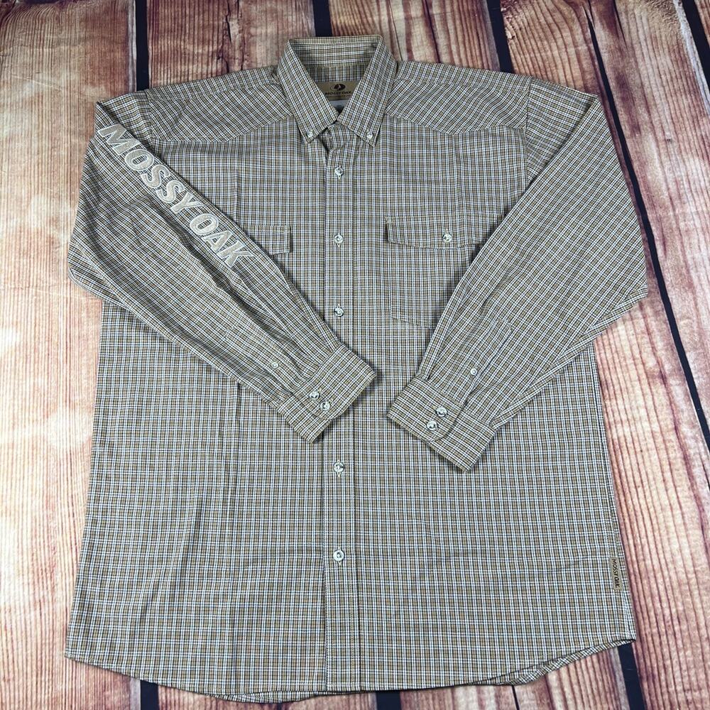 Mossy Oak Shirt Mens Large Brown Button Plaid Long Sleeve Embroidered Logo Spell